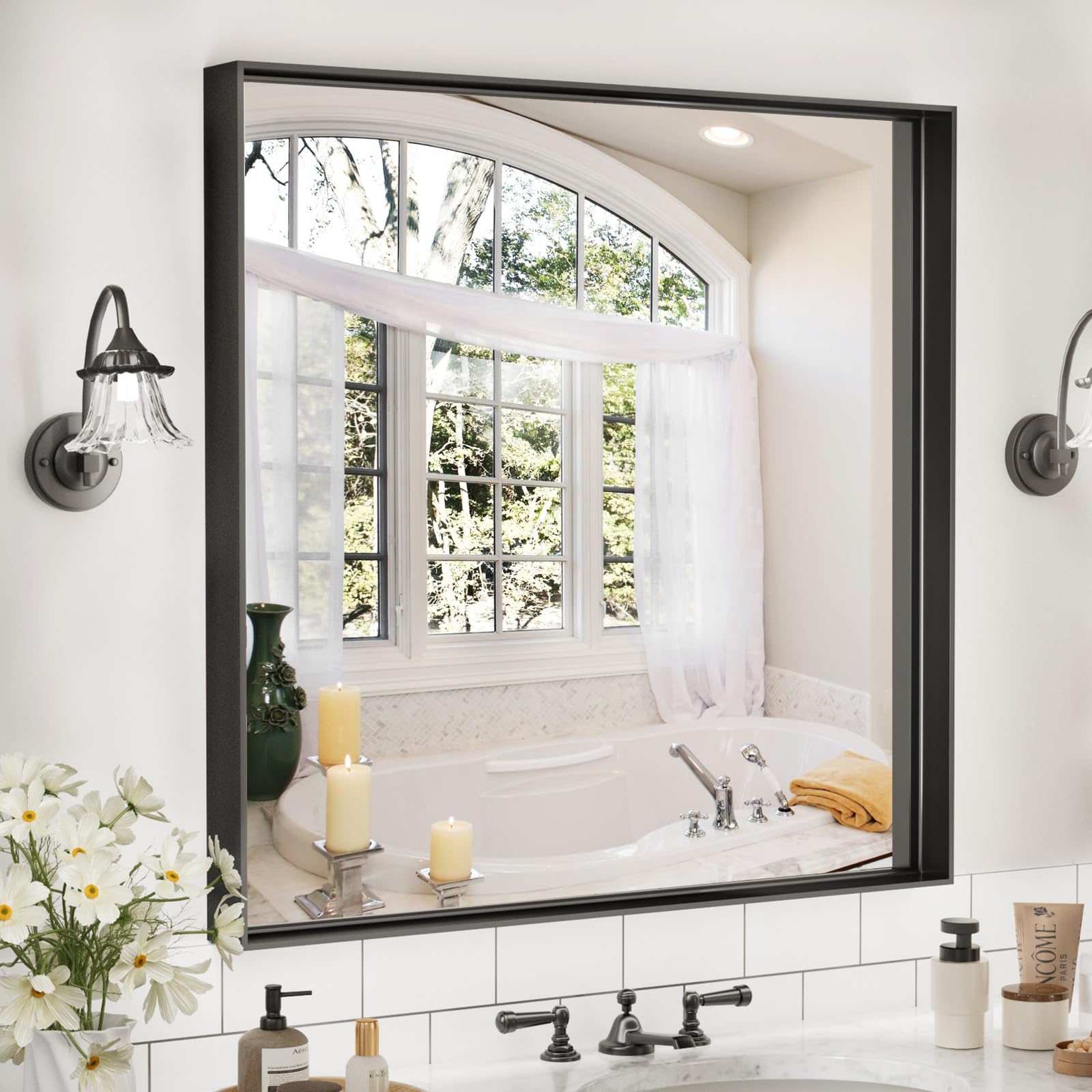 Dimelax 36”x 36” Black Mirror for Bathroom, Square Framed Mirror for Over Sink, Bathroom Vanity Mirrors,Tempered Glass, Decor Wall Mirrors for Entryway, Living Room (Horizontal/Vertical)